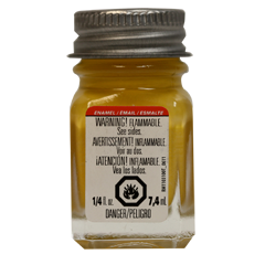 A 1/4 oz bottle of Testors TES1114TT Yellow-Gloss Enamel Paint with a label warning that it is flammable.