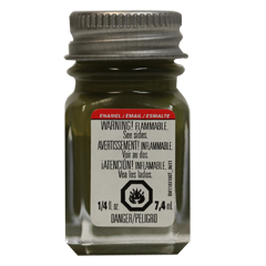 1/4 oz bottle of Testors Flat Olive Drab Enamel Paint with a warning label indicating flammability.