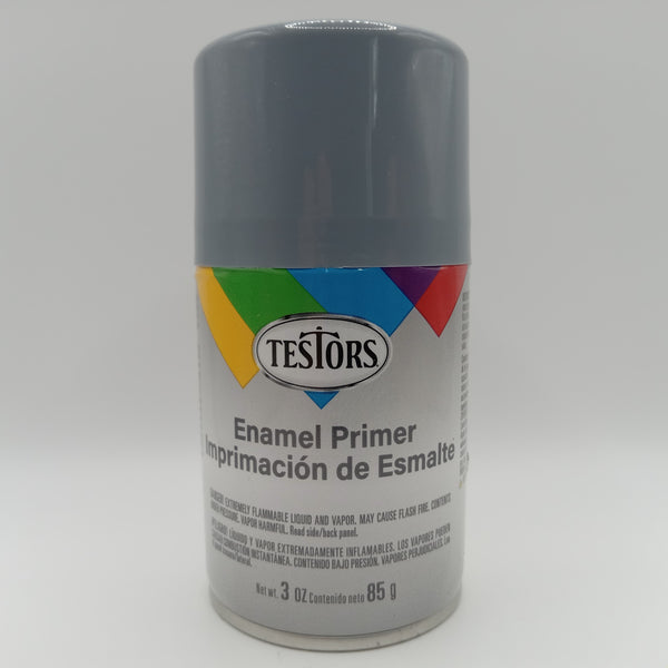 A 3 oz spray can of Testors TES1237T Semi-gloss Gray Primer.