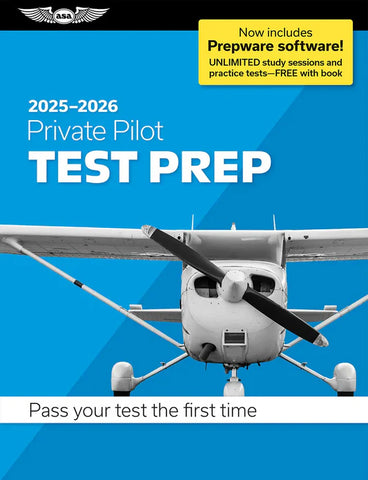 Book cover of 'Private Pilot Test Prep' with a small airplane on a blue background