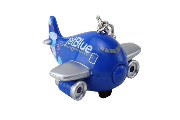 Blue airplane keychain with 'jetBlue' branding on a white background