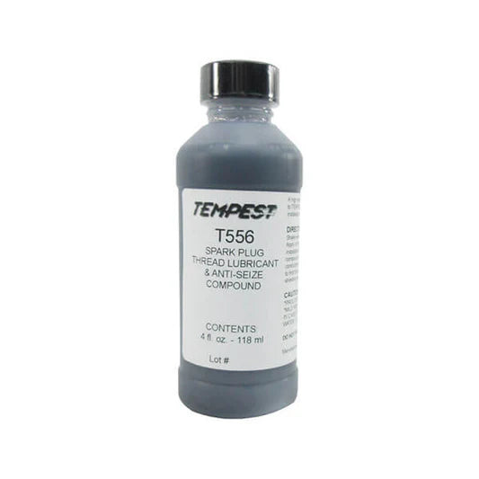 Bottle of Tempest T556 spark plug thread lubricant on a white background