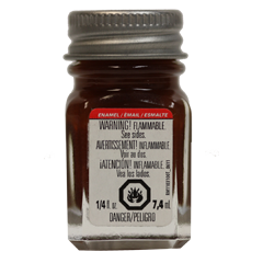 A bottle of Testors gloss brown enamel paint with a label warning that it is flammable.