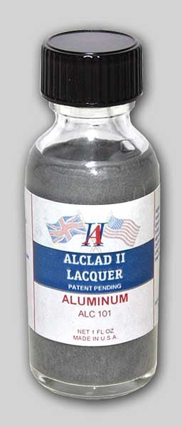 1 oz. bottle of Alclad II Aluminum Lacquer Paint with a metallic finish.