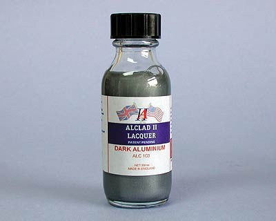 1 oz. bottle of Alclad II Lacquer in Dark Aluminum color for model painting.