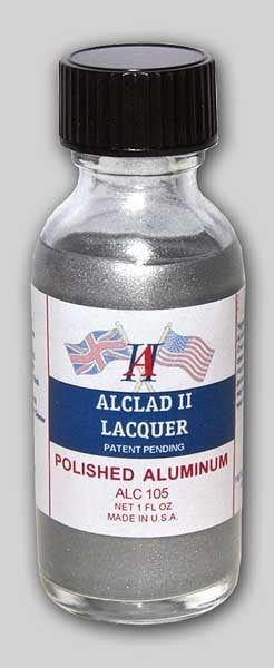 1oz bottle of Alclad II Lacquer in Polished Aluminum color for model painting.