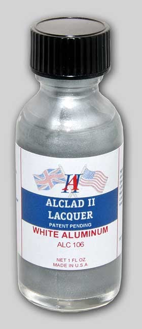 Bottle of Alclad II Lacquer White Aluminum on a gray background