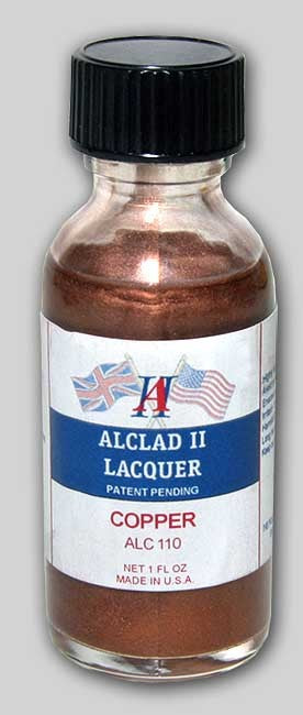 1 fl oz bottle of Alclad II Copper lacquer in a transparent bottle with a black cap, labeled with the product name and the number ALC 110.