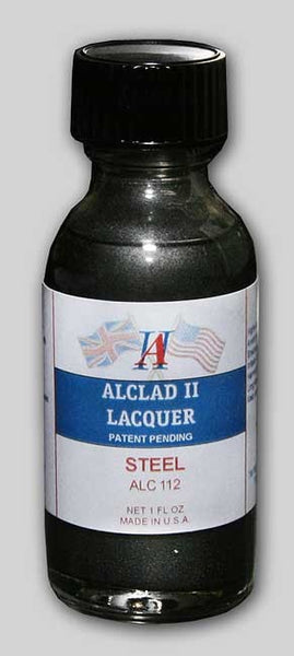 A 1 oz. bottle of Alclad II Lacquer Steel paint with a black cap and label.