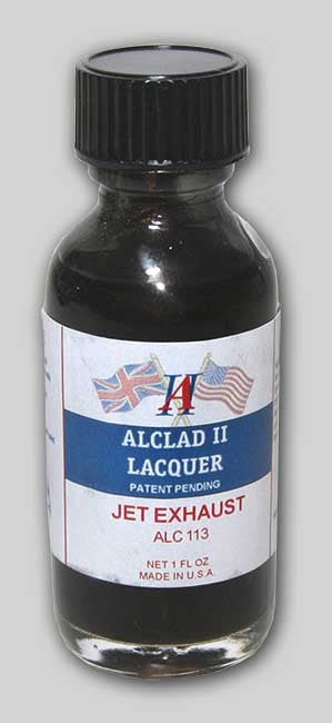 1oz bottle of Alclad II Lacquer paint in Jet Exhaust color, with label and cap visible.