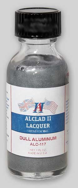1 FL oz. bottle of Alclad II Dull Aluminum Lacquer Paint with a label showing the product name and color.