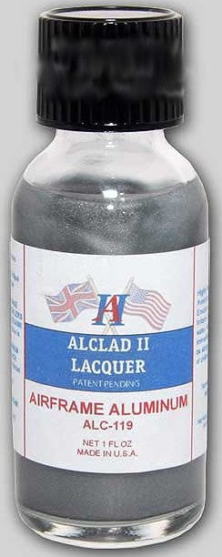 Bottle of Alclad II Lacquer Airframe Aluminum on a white background