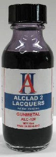 A bottle of ALC-120 Alclad II Gunmetal lacquer in a 1 fl oz bottle with a black cap and label.