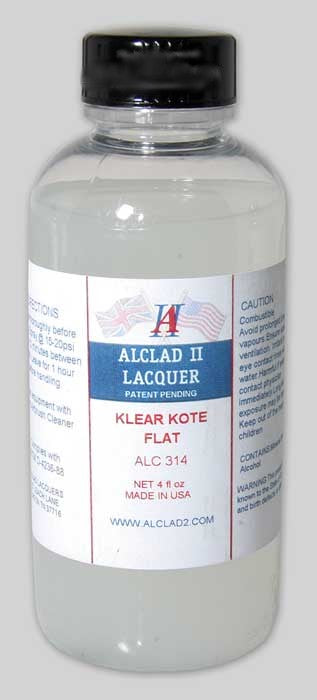 Bottle of Aclad II Lacquer Klear Kote Flat on a gray background