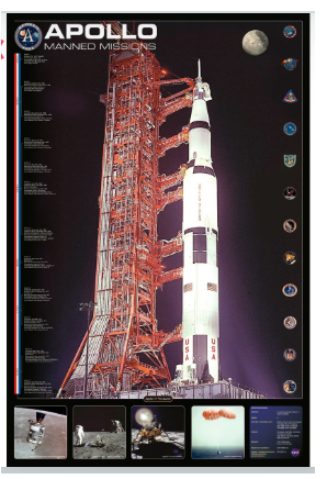Poster of Apollo manned missions with rocket and launch tower.