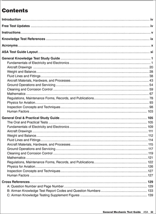 A scanned table of contents page from a General Mechanic Test Guide, showing sections, subsections, and page numbers aligned to the right on a white page.