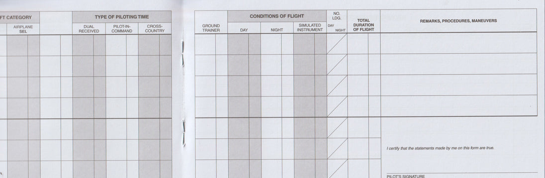 A close-up of a printed forms booklet or manual page with two adjacent white forms featuring gray grid lines and printed headers such as category, type of piloting time, conditions of flight, and demand procedures maneuvers.