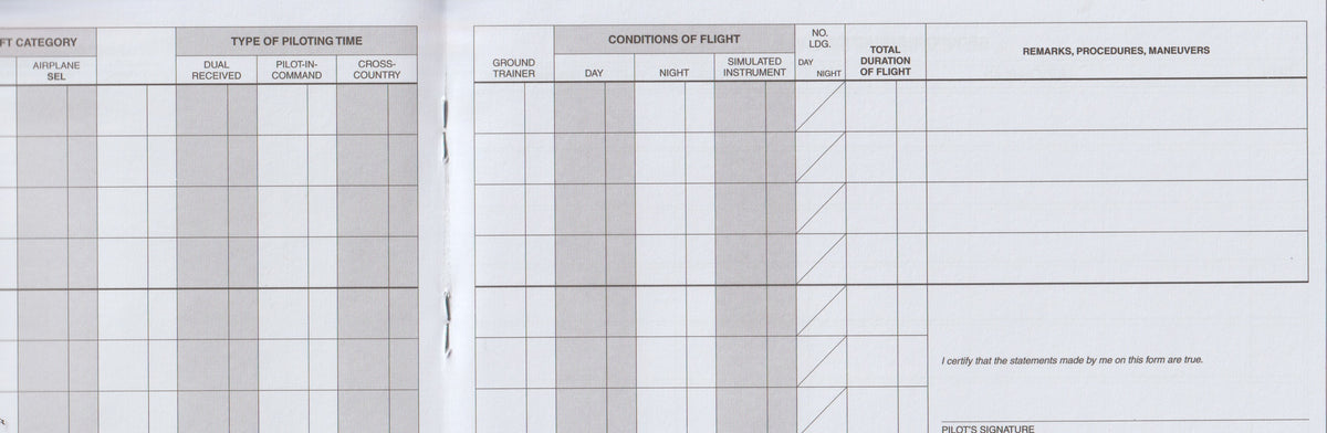 A close-up of a printed forms booklet or manual page with two adjacent white forms featuring gray grid lines and printed headers such as category, type of piloting time, conditions of flight, and demand procedures maneuvers.