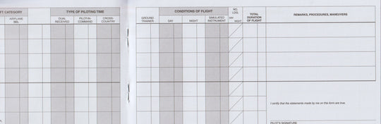 A close-up of a printed forms booklet or manual page with two adjacent white forms featuring gray grid lines and printed headers such as category, type of piloting time, conditions of flight, and demand procedures maneuvers.