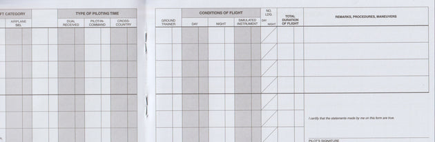 A close-up of a printed forms booklet or manual page with two adjacent white forms featuring gray grid lines and printed headers such as category, type of piloting time, conditions of flight, and demand procedures maneuvers.