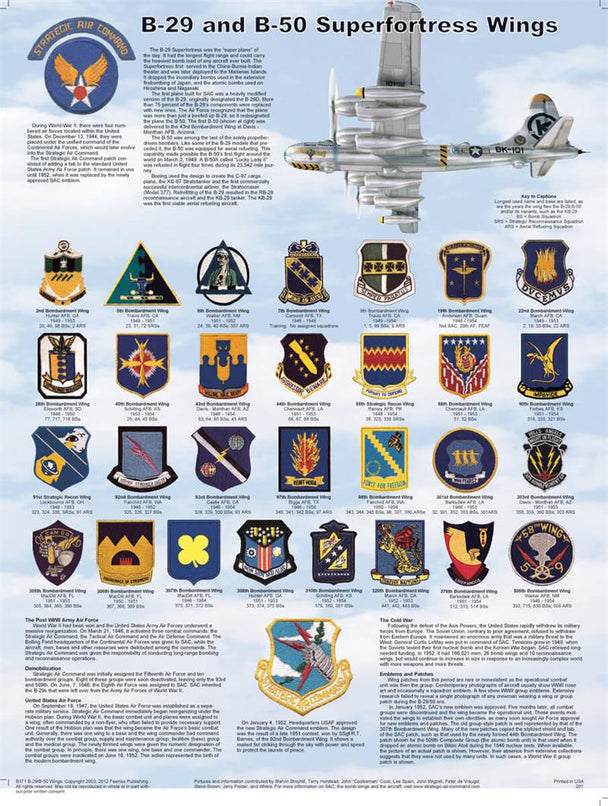 An educational poster featuring various Air Force wing badges associated with the B-29 and B-50 Superfortress planes.