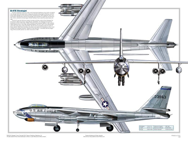 A poster featuring three different views of the Boeing B-47 Stratojet military jet bomber. The poster is informational and includes technical details.