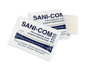 Sani-Com cleaning towels on a white background