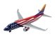 Southwest Airlines airplane model with American flag design on a white background