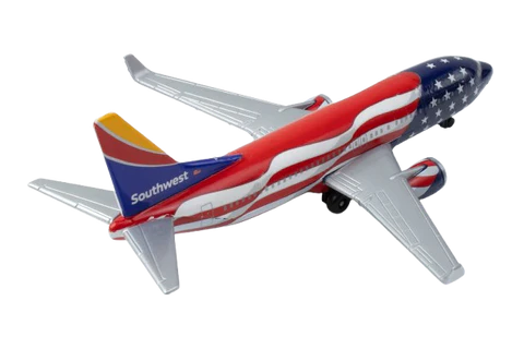Model airplane with Southwest Airlines livery on a white background