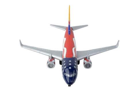 Model airplane with a colorful design on a white background