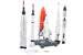 Model rockets and space shuttle on a stand with NASA logo against a white background