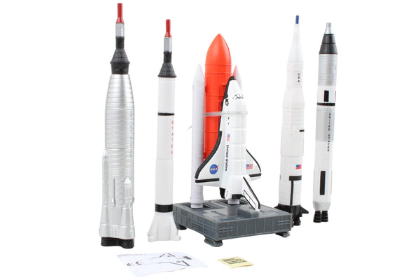 Model rockets and space shuttle on a stand with NASA logo against a white background