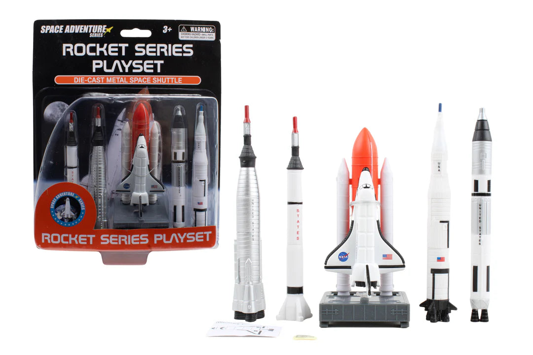 Model rocket playset with packaging on a white background