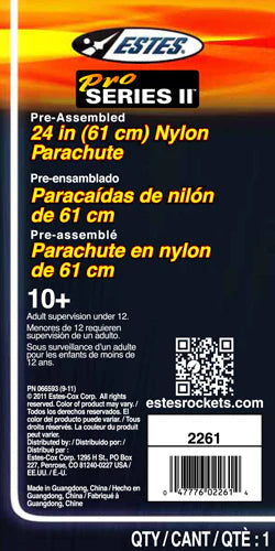 Estes Pro Series II parachute packaging with branding and product details.