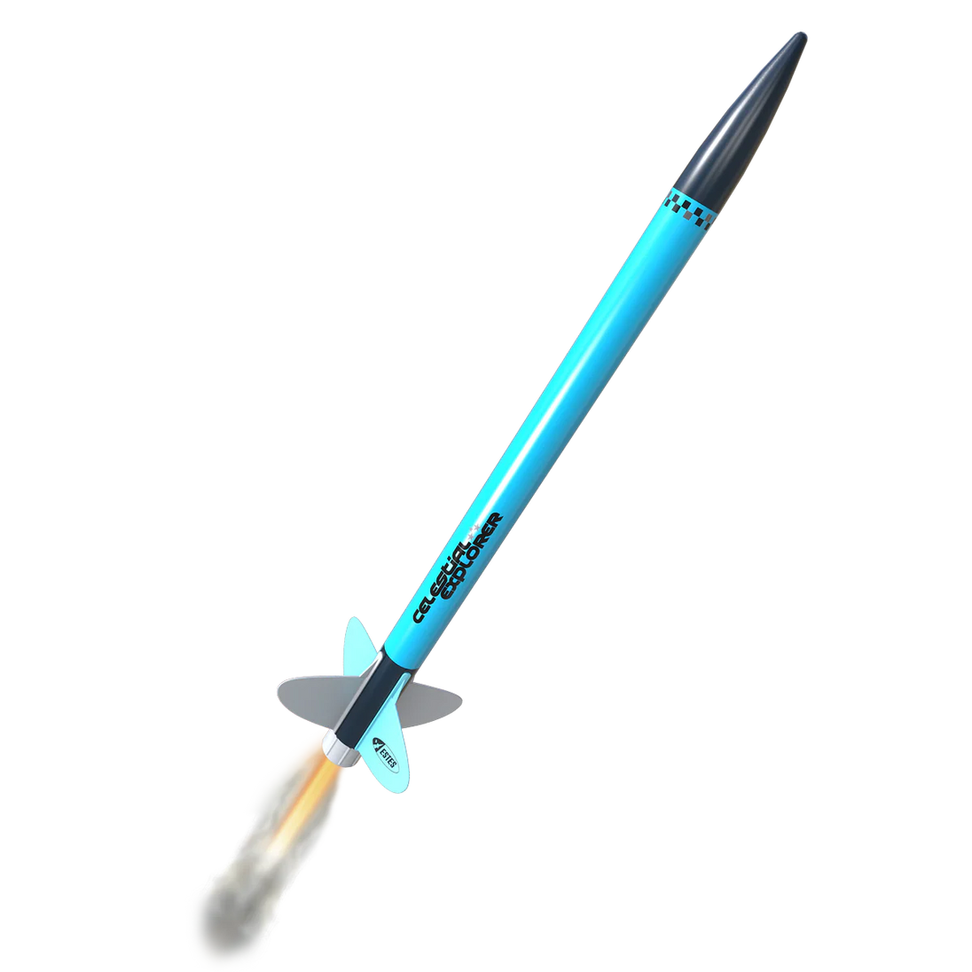 Model rocket with blue body and black nose cone on a white background