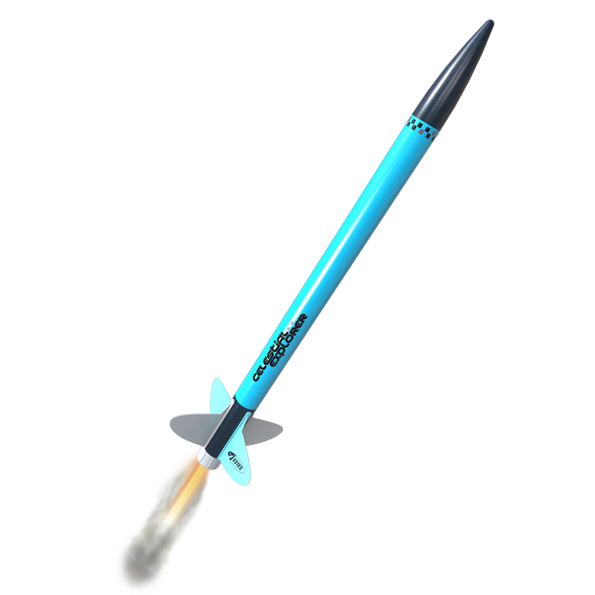 Model rocket with blue body and black nose cone on a white background