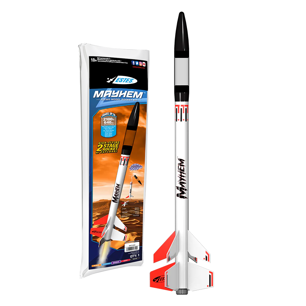Estes Mayhem model rocket and packaging on a white background