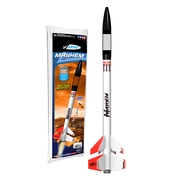 Estes Mayhem model rocket and packaging on a white background