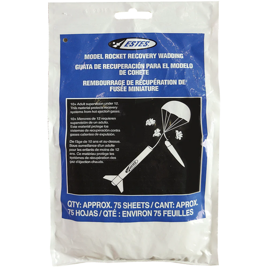Estes model rocket recovery wadding packaging with blue label and white sheets.
