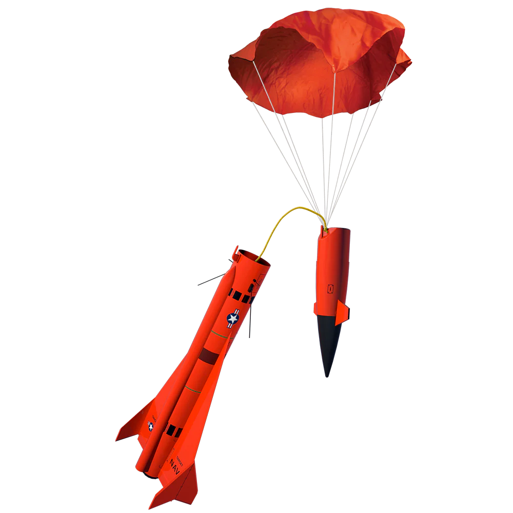Orange rocket with parachute on a white background