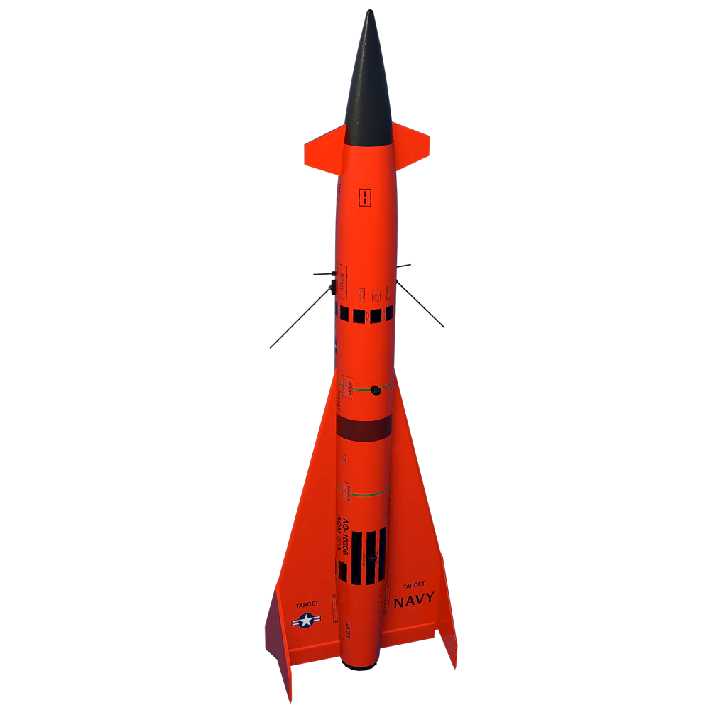 Model rocket with orange body and black nose cone on a white background