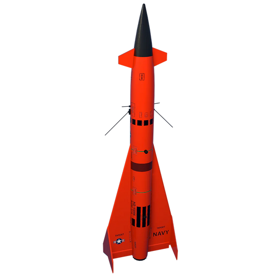 Model rocket with orange body and black nose cone on a white background