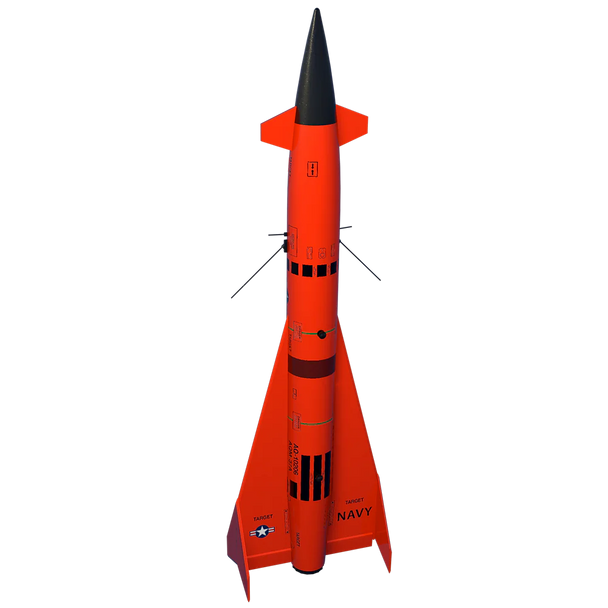 Model rocket with orange body and black nose cone on a white background