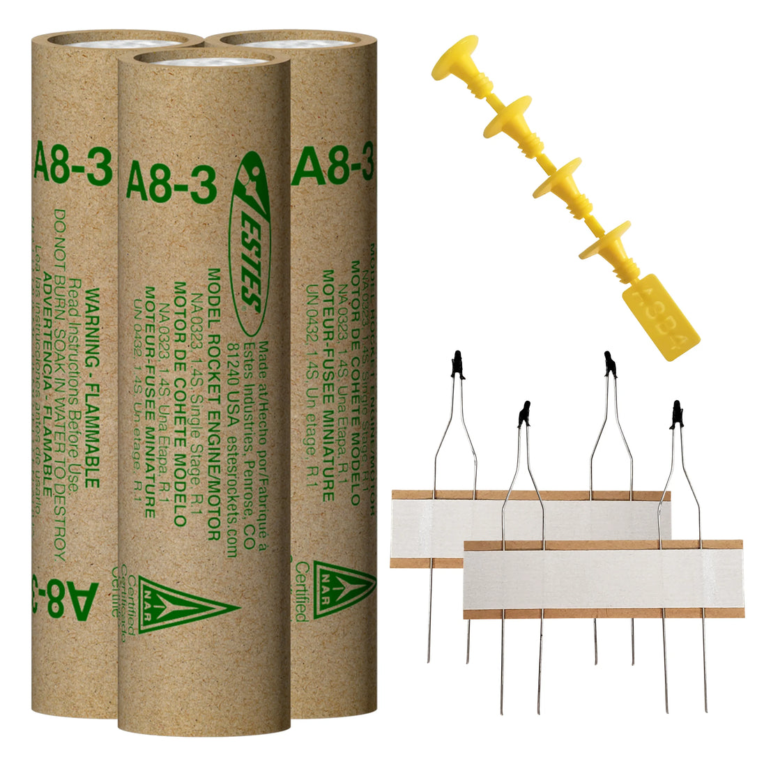 Two Estes A8-3 model rocket engines and a launch stand on a white background