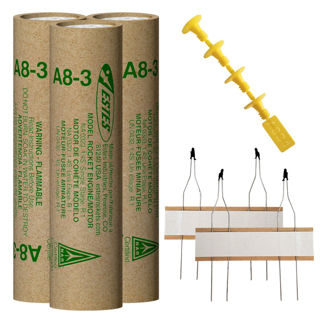 Two Estes A8-3 model rocket engines and a launch stand on a white background