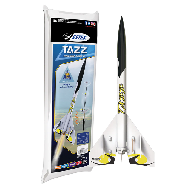 A Estes Tazz rocket model kit shown next to its retail packaging on a plain white background. The rocket is white with black upper fins and yellow accents, and the packaging features the Estes brand logo and product details.