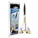 A Estes Tazz rocket model kit shown next to its retail packaging on a plain white background. The rocket is white with black upper fins and yellow accents, and the packaging features the Estes brand logo and product details.