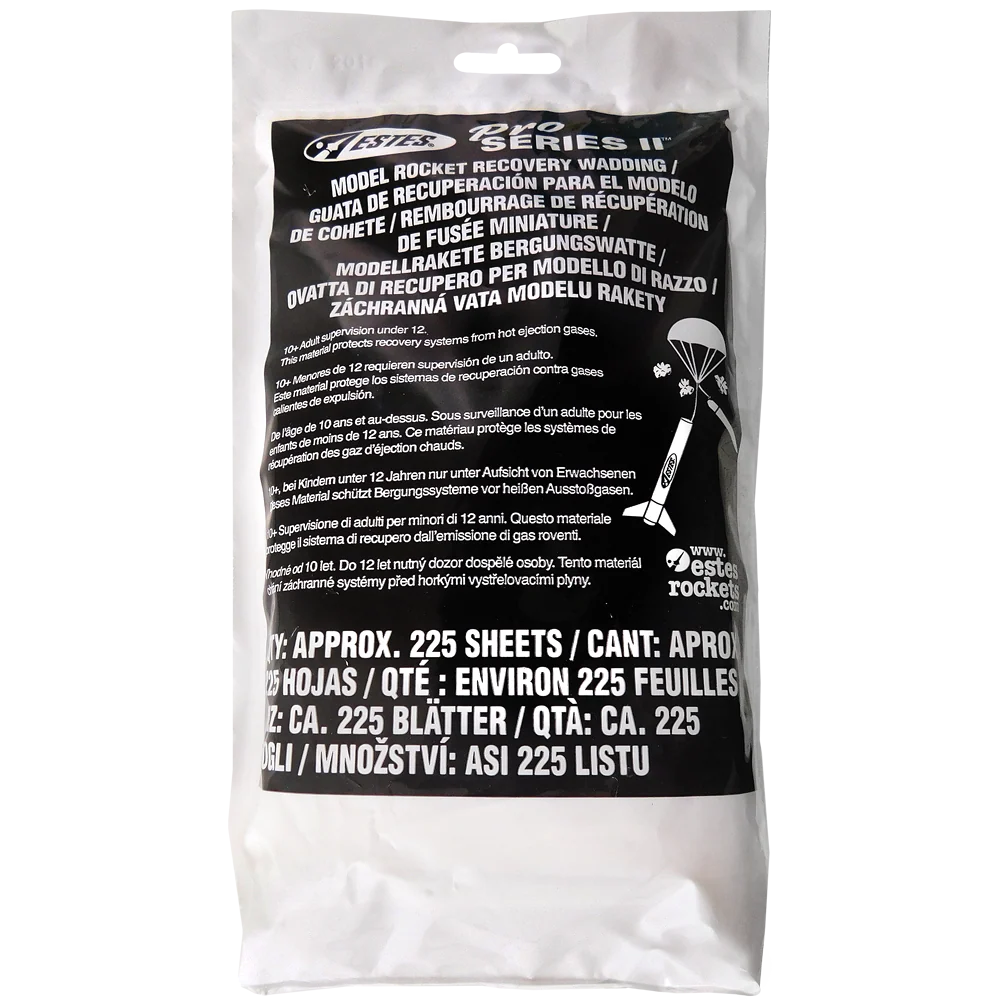 Packaged rocket recovery wadding with black label on white background