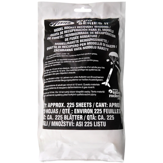 Packaged rocket recovery wadding with black label on white background