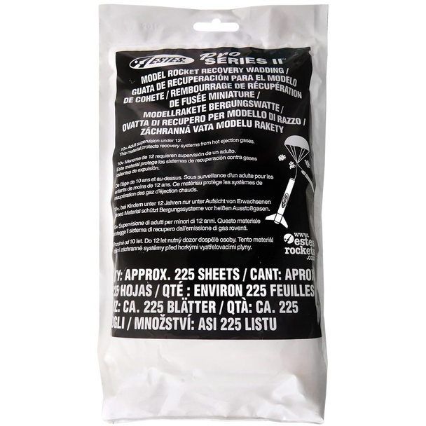 Packaged rocket recovery wadding with black label on white background